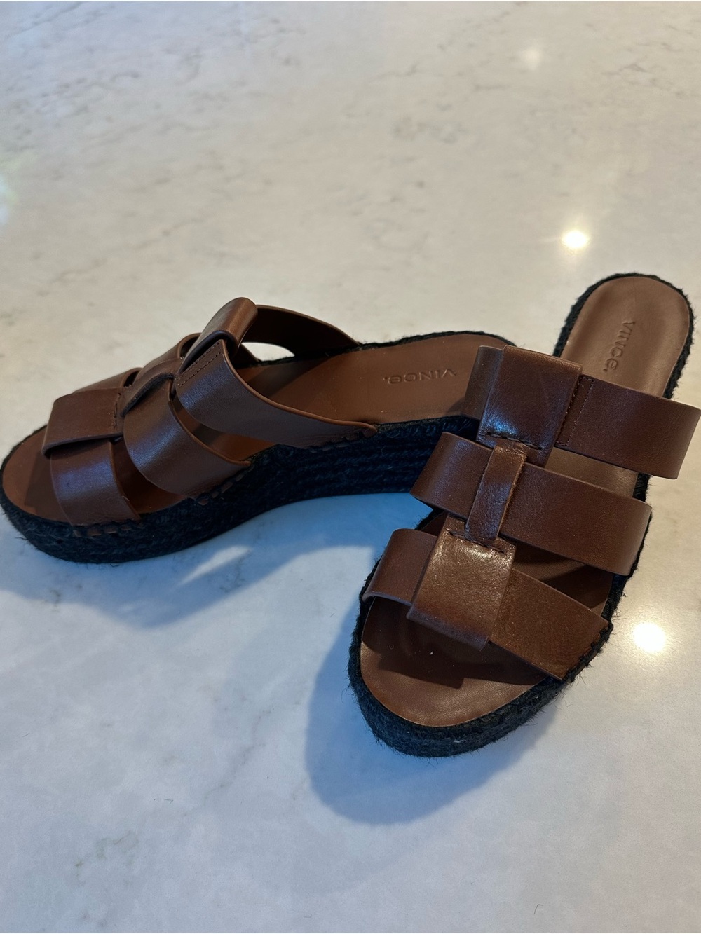 Vince Sabella Mahogany Platform Espadrille Leather Slide Sandal Sz 8.5 New